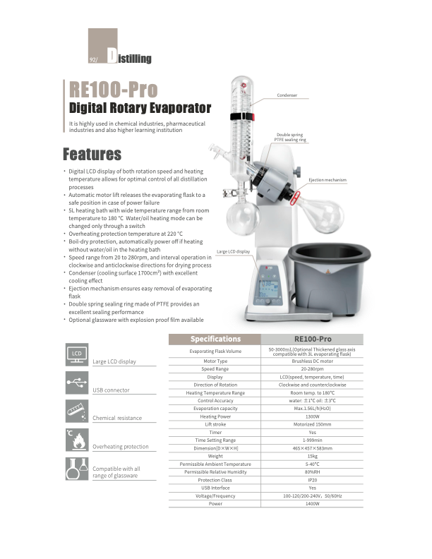 DLAB RE100-Pro/S/S-H Rotary Evaporator (Glassware included)