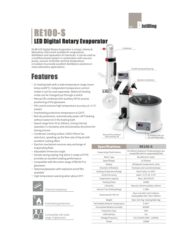 DLAB RE100-Pro/S/S-H Rotary Evaporator (Glassware included)