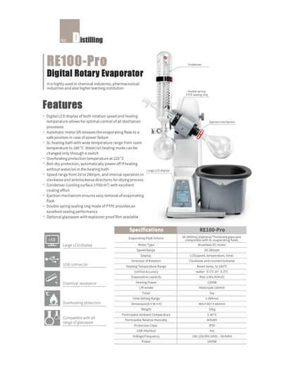 DLAB RE100-Pro/S/S-H Rotary Evaporator (Glassware included)